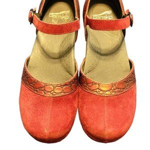 Dansko Sally Red Suede, Embossed Leather Mary Jane Buckle Clogs Size 39